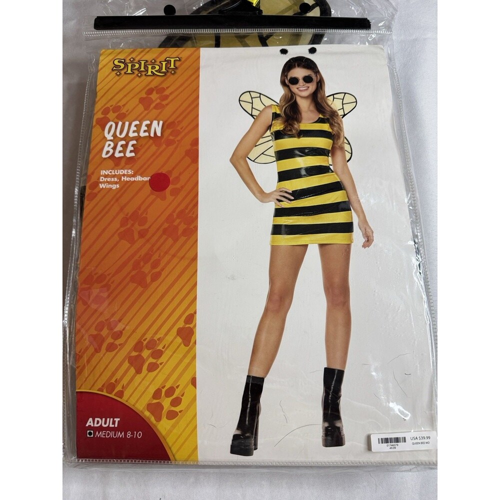 Spirit Halloween Queen Bee Adult Costume Size Medium 8-10 Striped Dress Wings